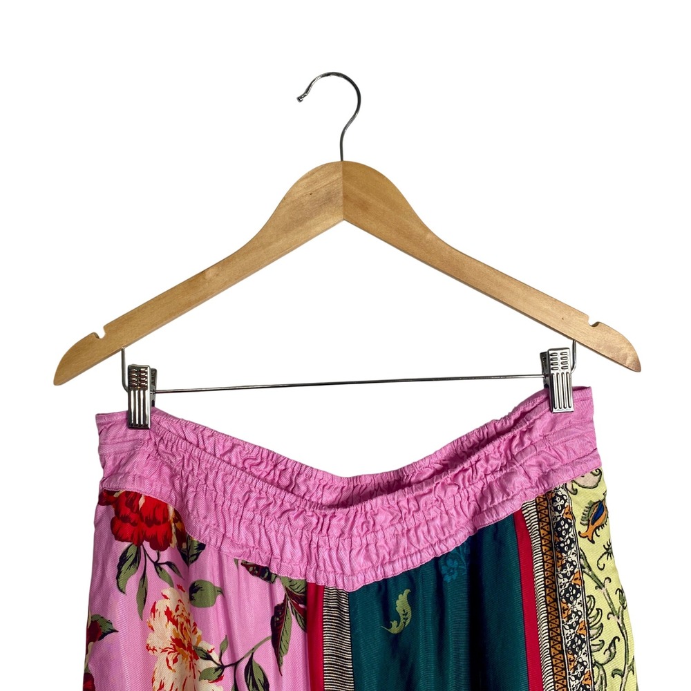 Anthropologie Patchwork Floral Wide Leg Pants L Boho Smocked Waist Mixed Print - Picture 2 of 9